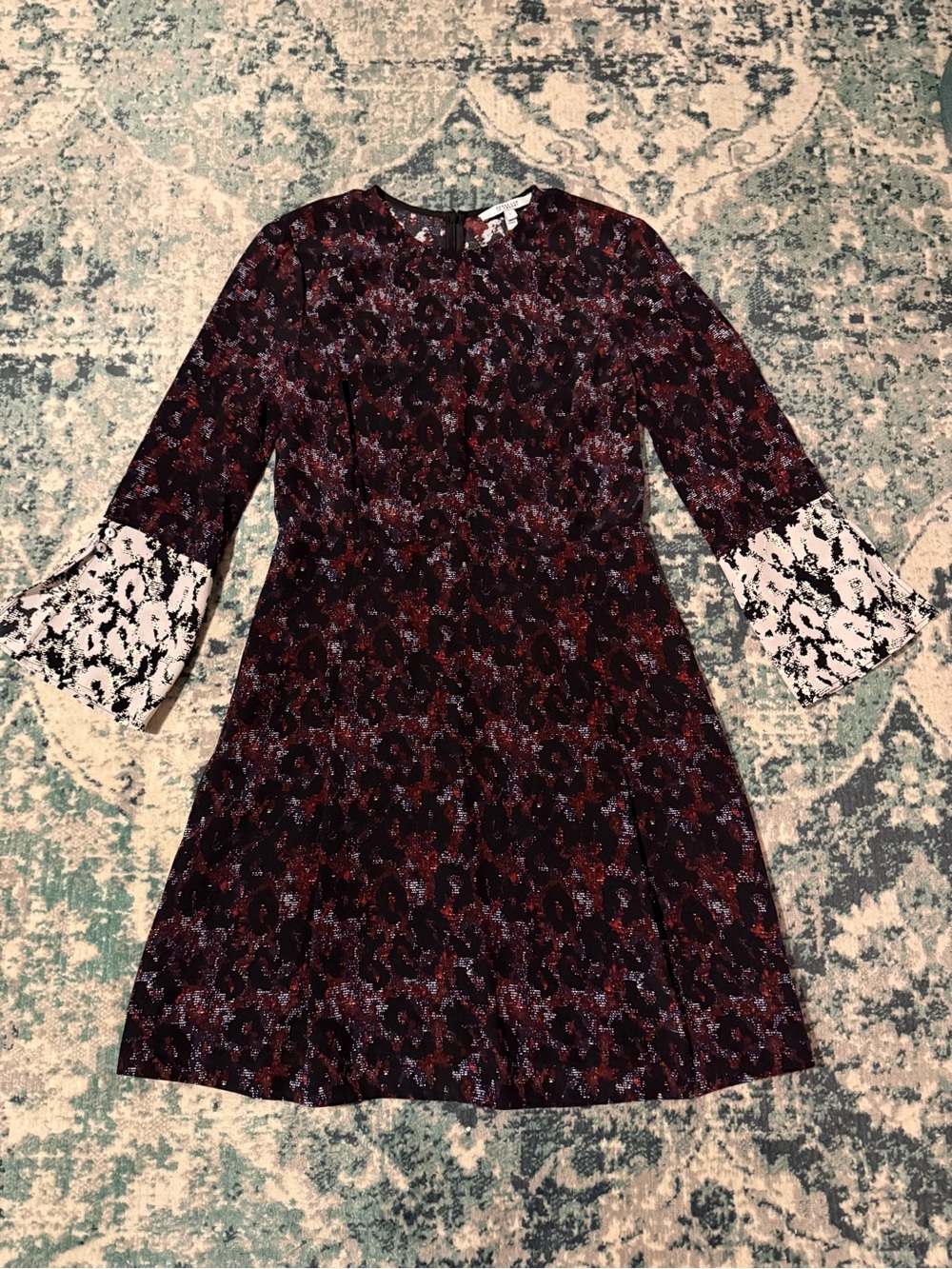 USD $750 Derek Lam Burgundy Floral A‑Line Dress with White Contrast Bell Sleeves